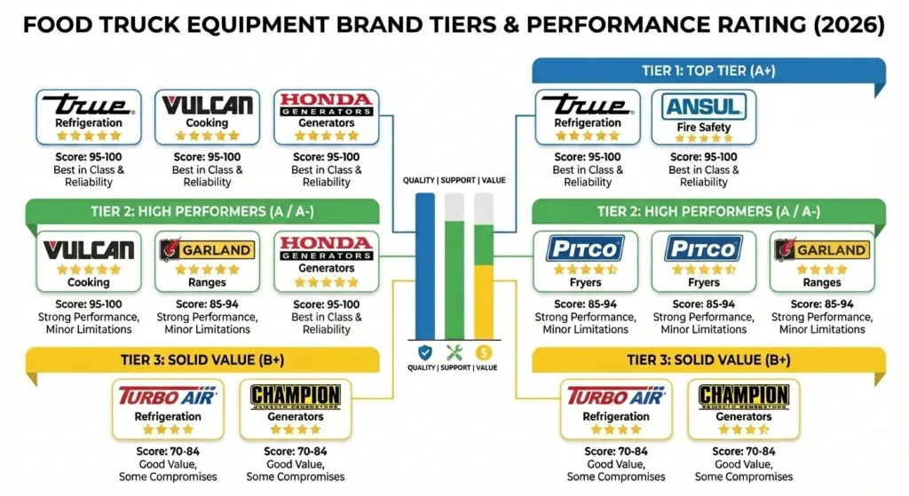 Food truck equipment brand comparison infographic showing tier rankings for True Vulcan Honda Pitco and other commercial brands