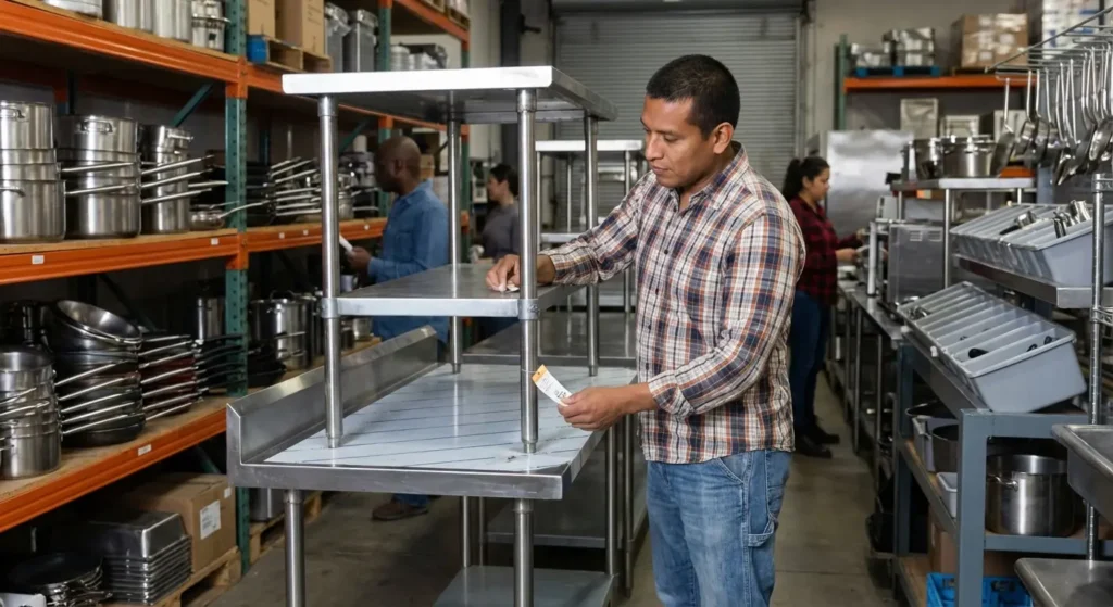 Food truck operator inspecting used commercial equipment at restaurant supply warehouse showing budget equipment shopping