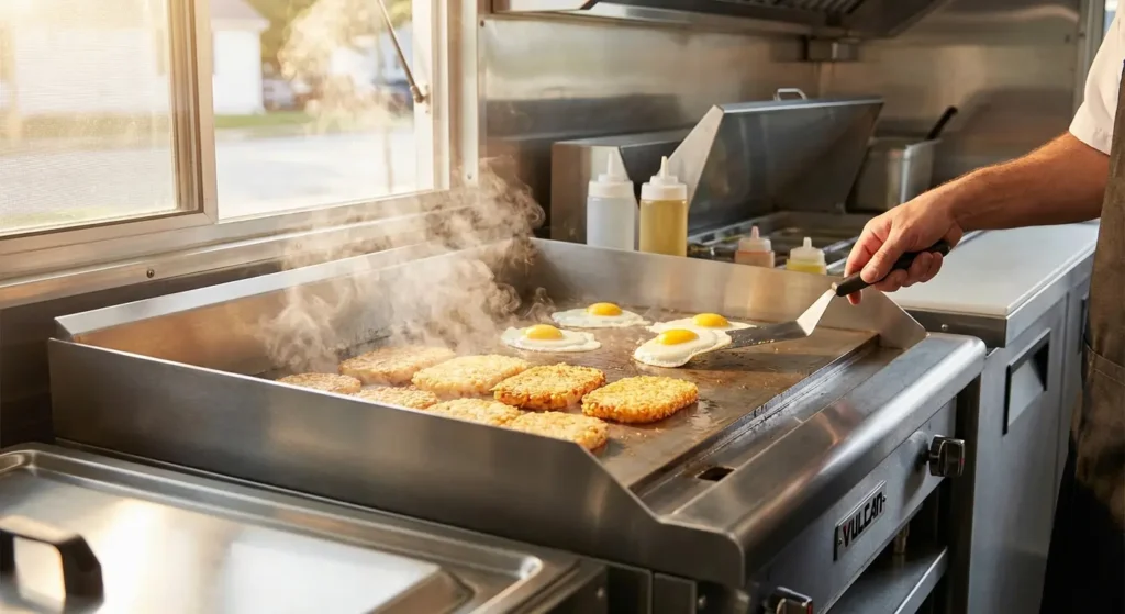 Commercial food truck griddle cooking breakfast items with steam rising showing professional flat top grill in mobile kitchen
