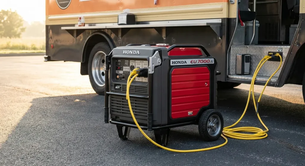 Commercial inverter generator powering food truck at outdoor event showing portable power equipment setup for mobile food service