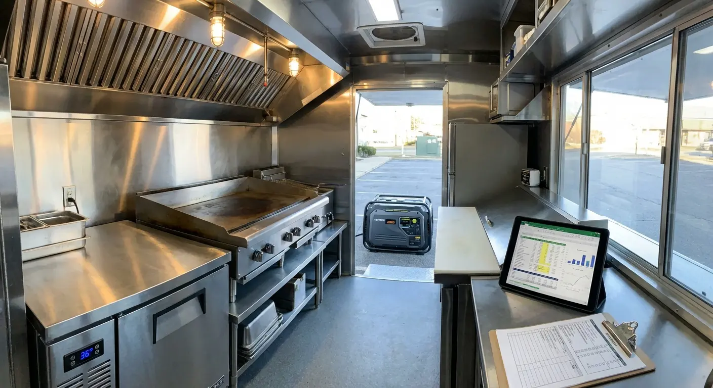 Best food truck equipment collection showing commercial griddle refrigerator and ventilation hood in professional mobile kitchen setup