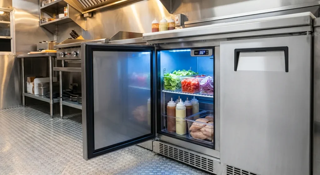 Commercial under-counter refrigerator for food truck showing organized fresh ingredients inside stainless steel unit with LED lighting
