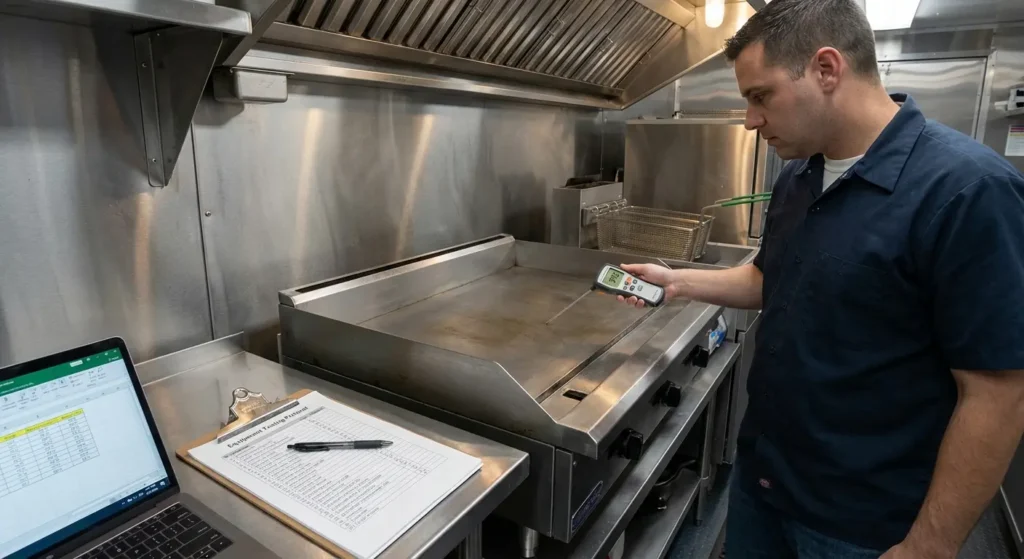 Food truck equipment testing process showing temperature measurement on commercial griddle with quality control checklist