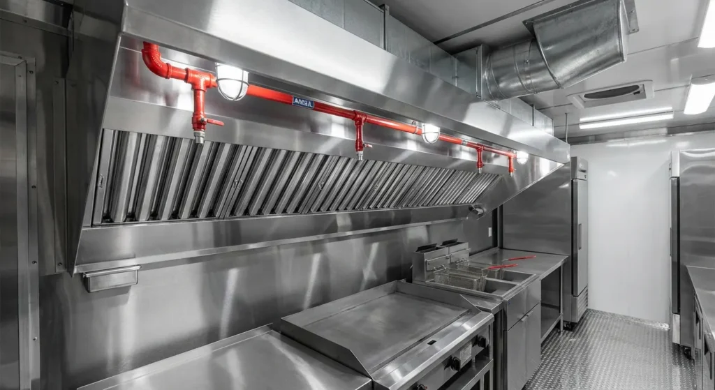 Food truck ventilation hood system with fire suppression nozzles showing commercial exhaust and safety equipment installation