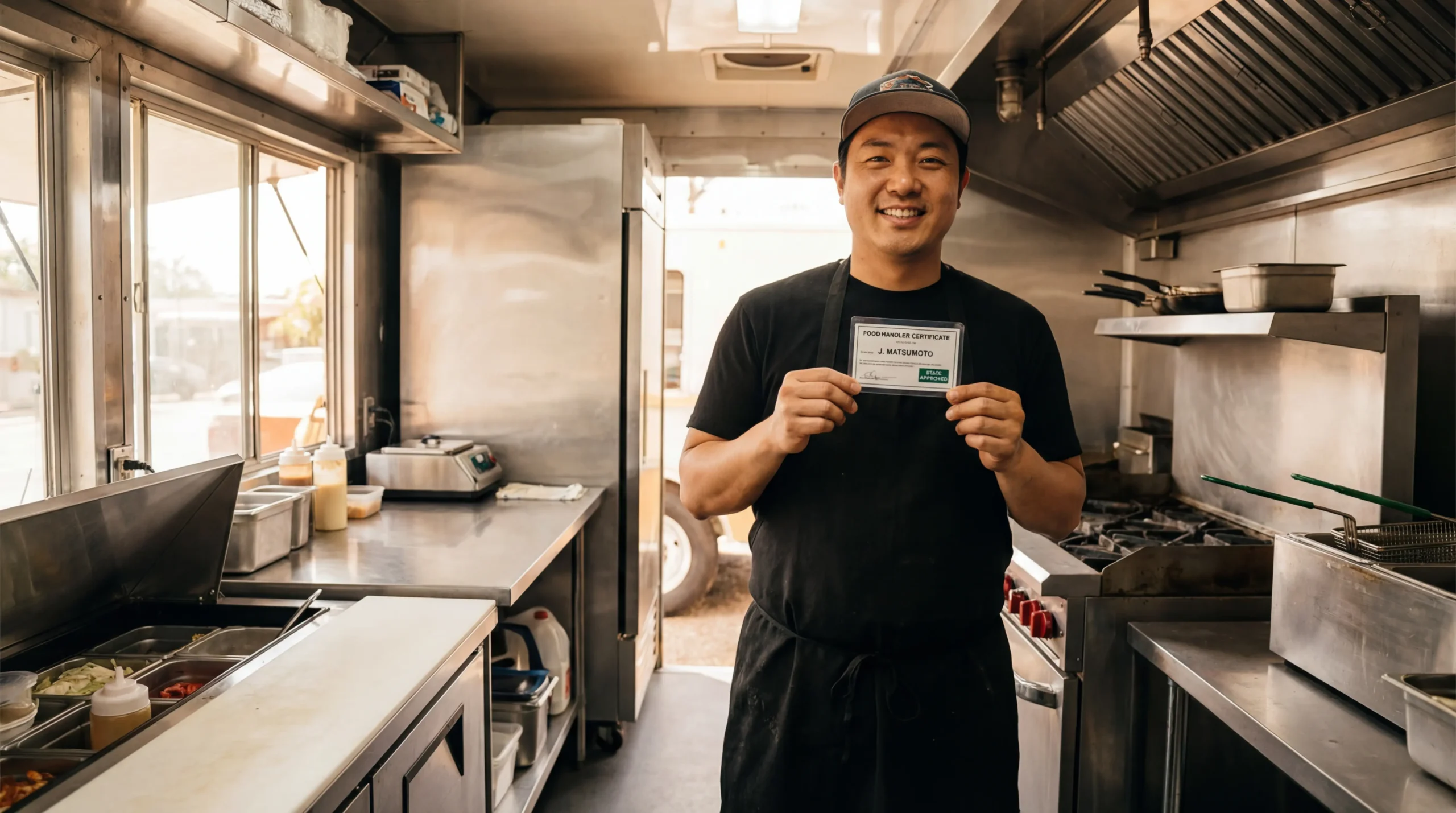 Food truck employee displaying food handler certification card inside modern food truck kitchen