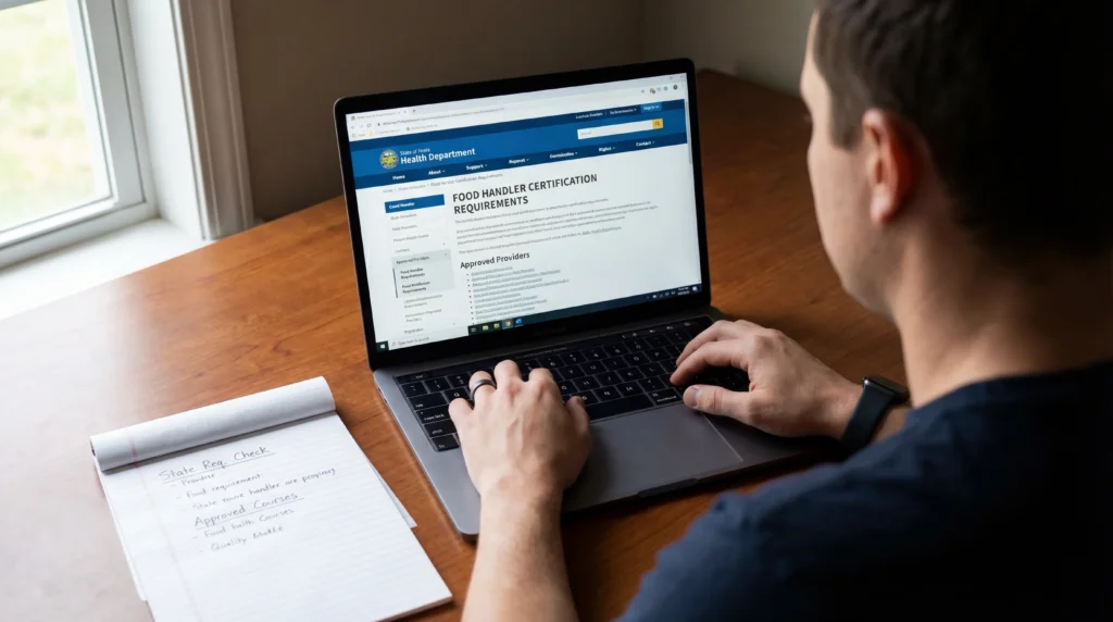 Food truck owner researching state food handler certification requirements on laptop
