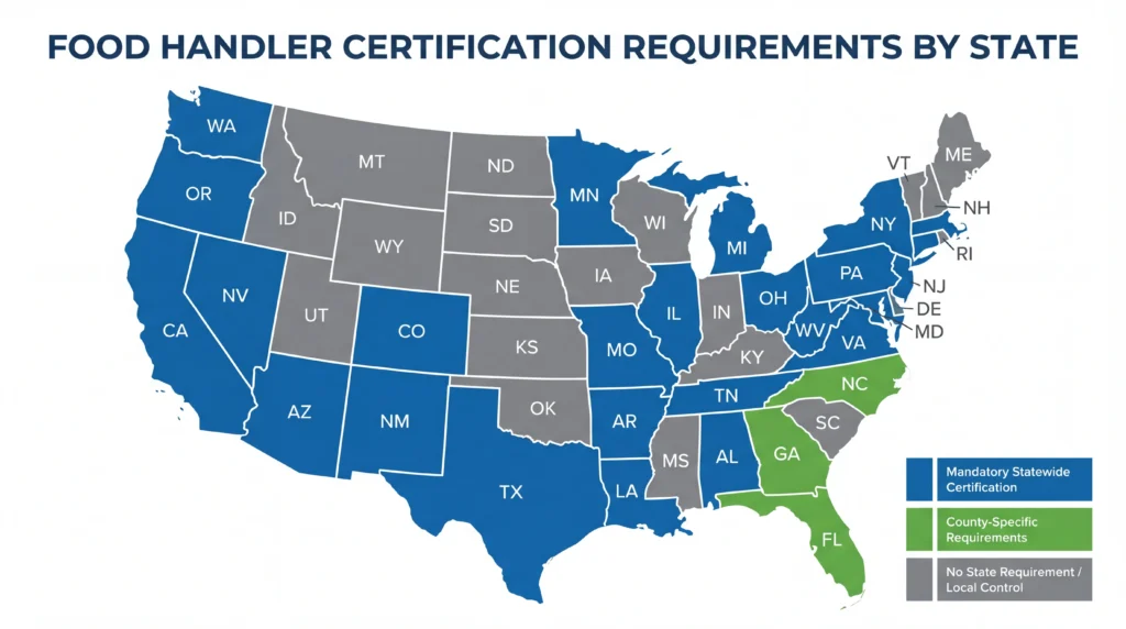 United States map showing food handler certification requirements by state with color-coded legend