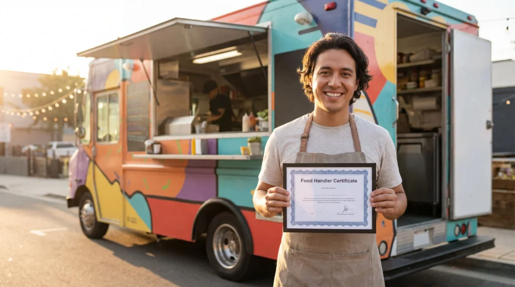 Happy food truck owner proudly holding food handler certification certificate in front of food truck