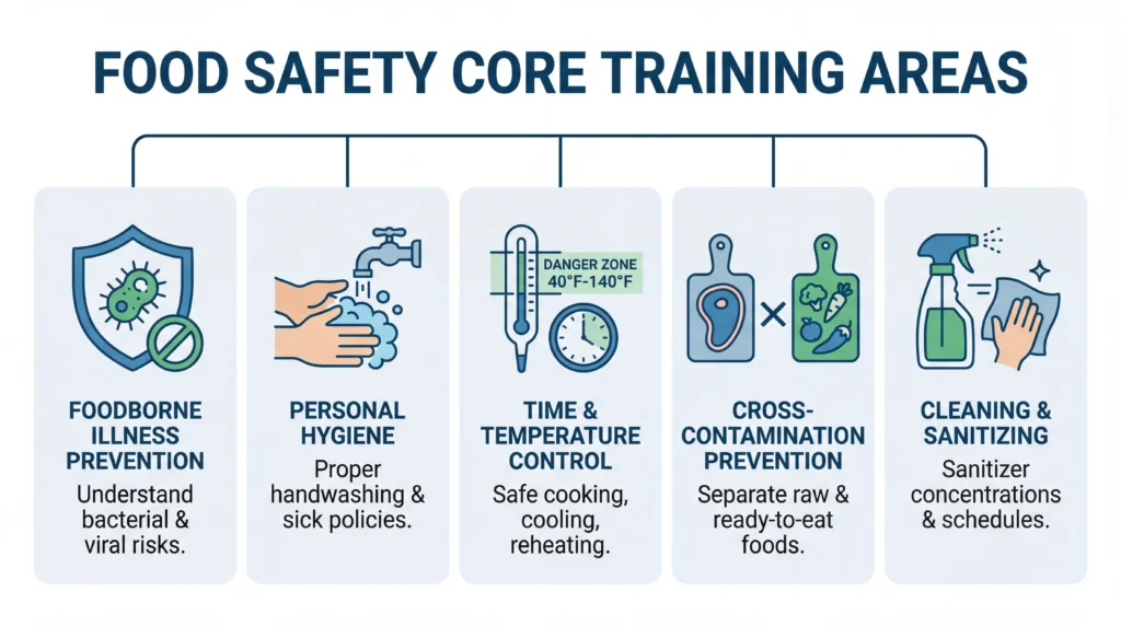 Five core areas of food handler certification training including temperature control hygiene and sanitation