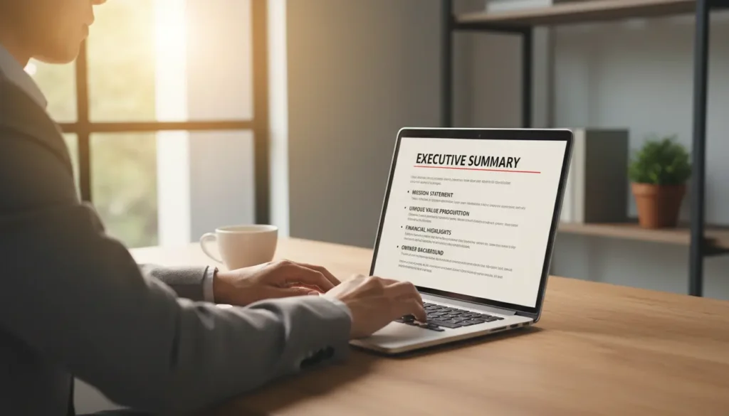 Business professional writing food truck executive summary on laptop with document outline visible