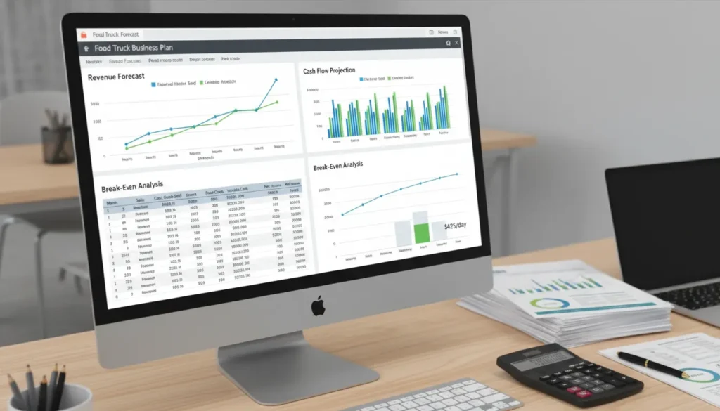 Computer screen showing food truck financial projections spreadsheet with revenue charts and break-even analysis