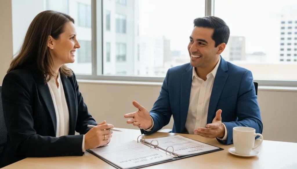 Food truck entrepreneur meeting with bank loan officer reviewing business plan funding request