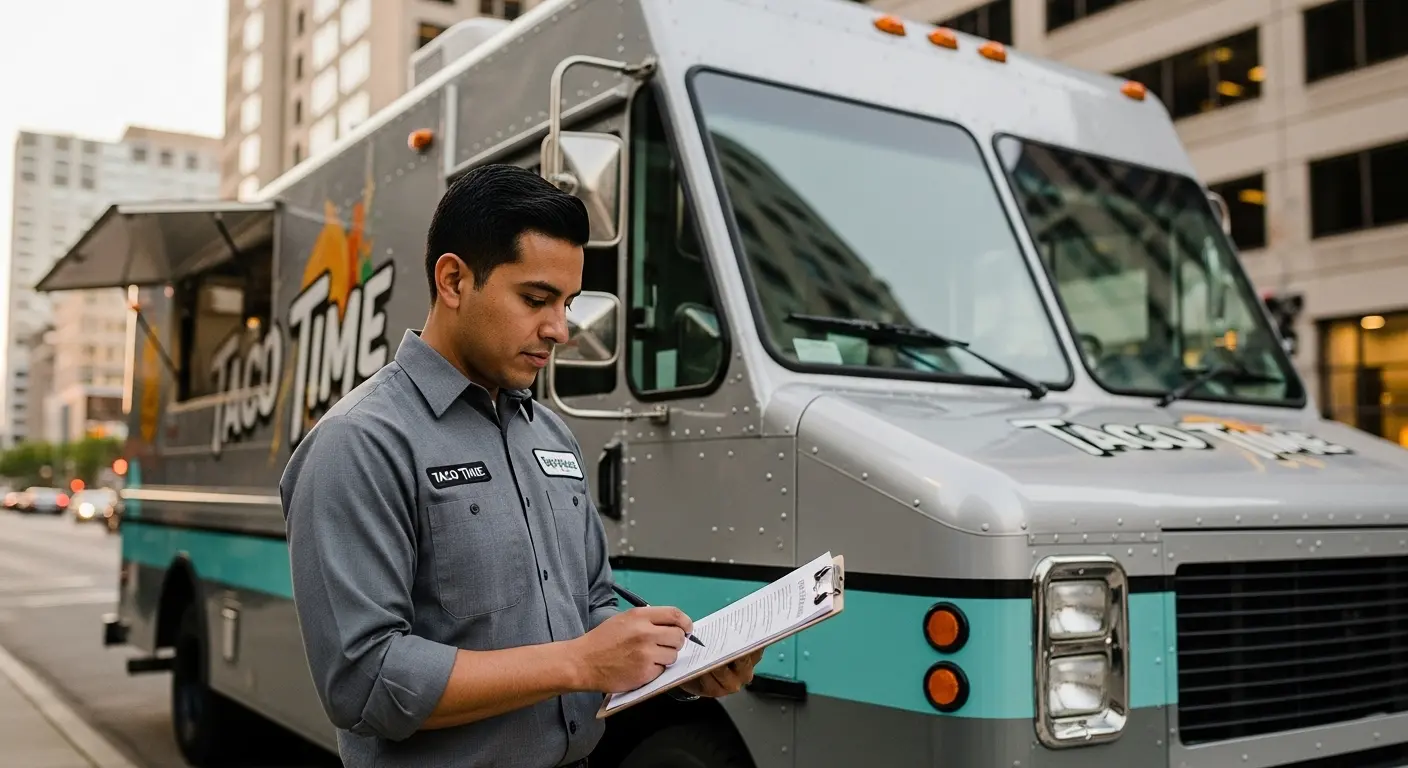 Food truck owner reviewing business plan document beside his taco truck in downtown setting