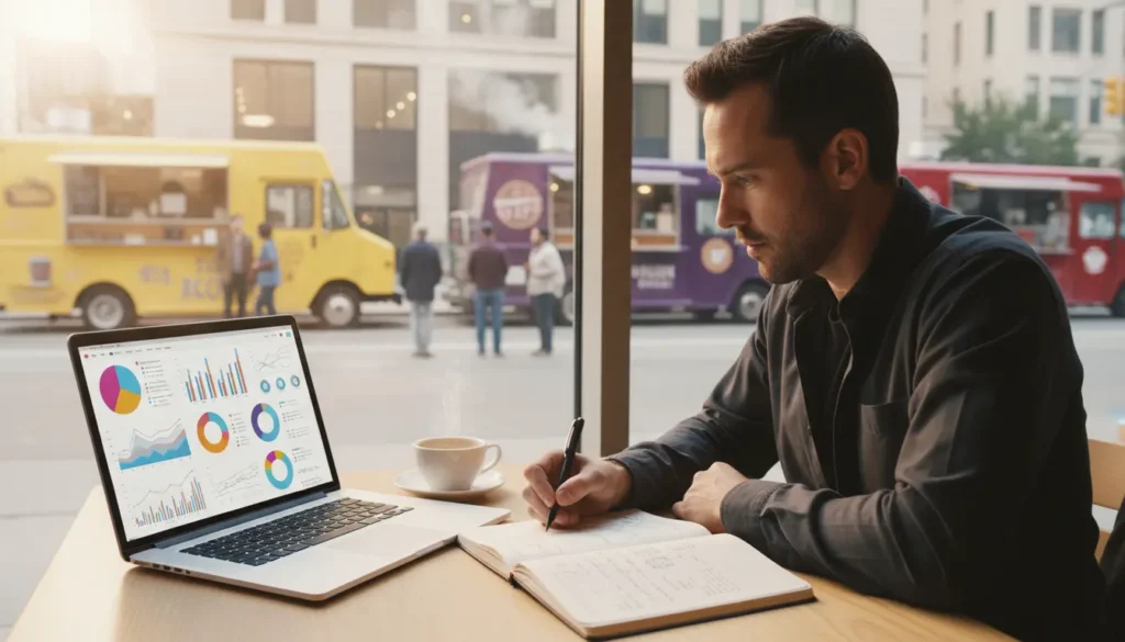 Entrepreneur conducting food truck market research with laptop showing charts and competitor data