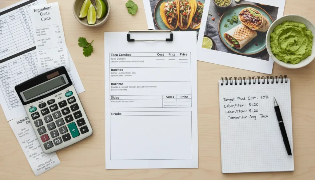 Food truck menu planning with calculator, pricing sheets, ingredient costs, and menu draft