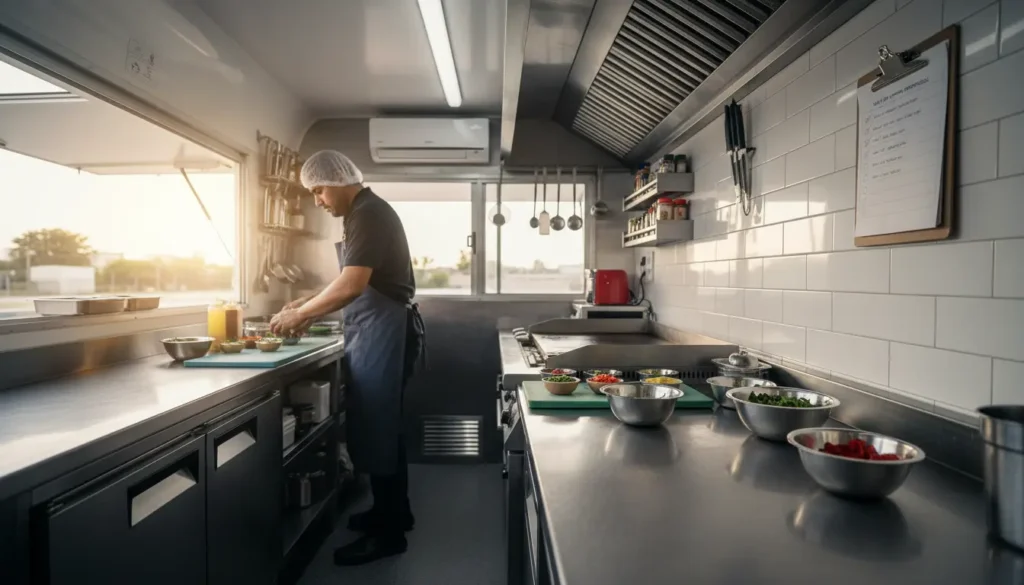 Food truck interior showing kitchen prep area with chef organizing ingredients and operations checklist