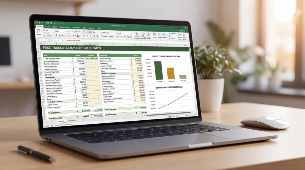 Food truck business plan template Excel calculators showing startup costs and financial projections