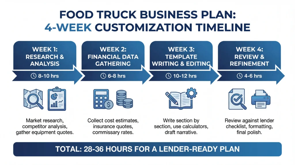Food truck business plan template 4-week customization timeline showing 28-36 hours total completion time