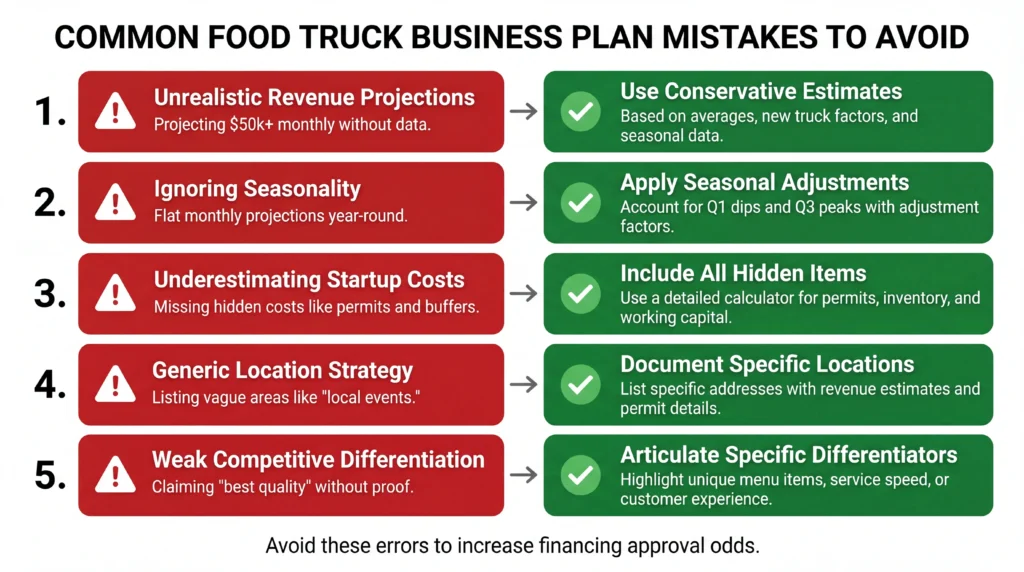 Food truck business plan template 5 common mistakes infographic with fixes for revenue projections and costs