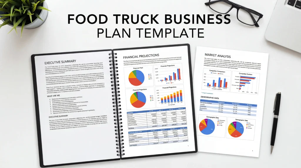 Food truck business plan template pages showing 12 sections including executive summary and financial projections