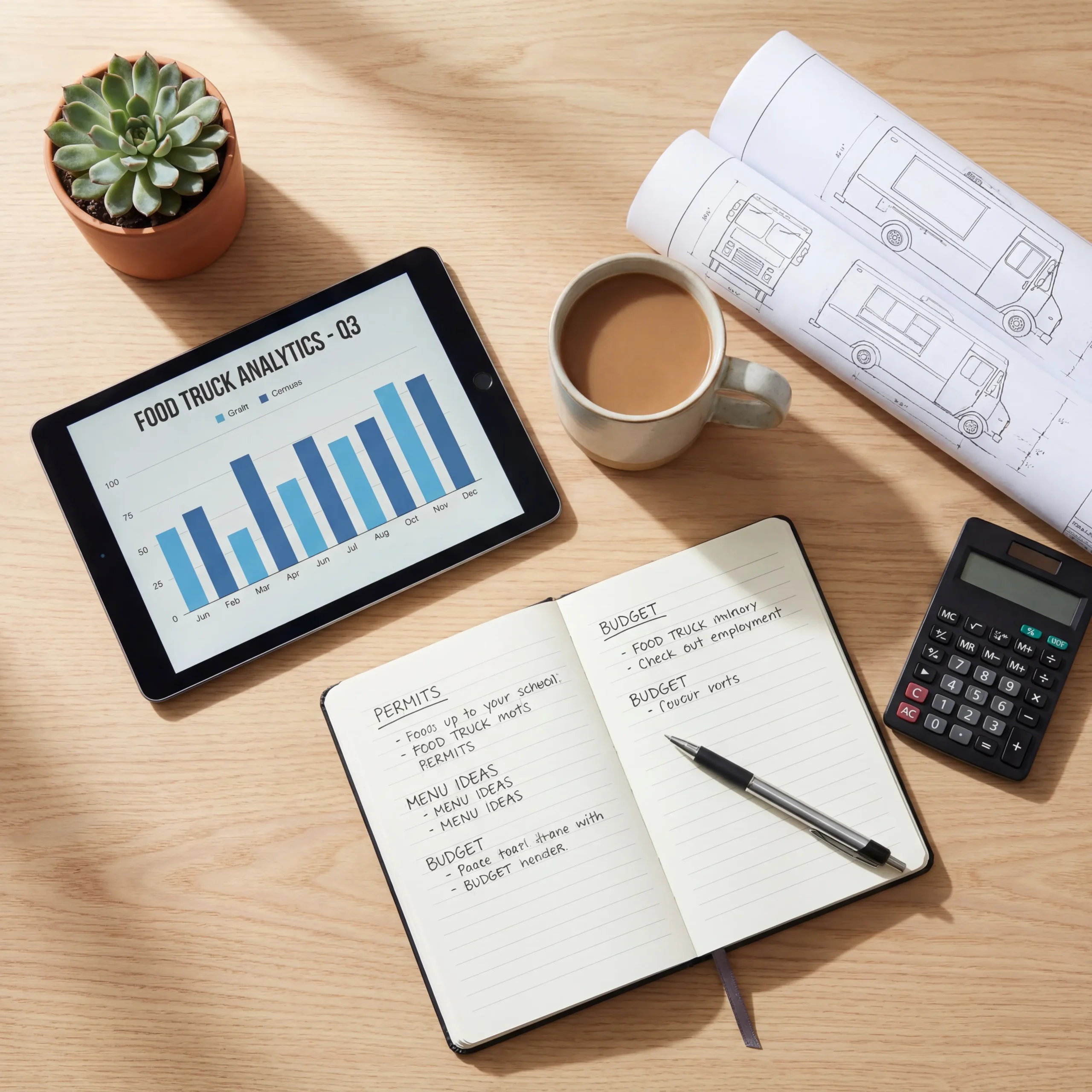 Food truck business planning materials on desk with tablet analytics and notebook