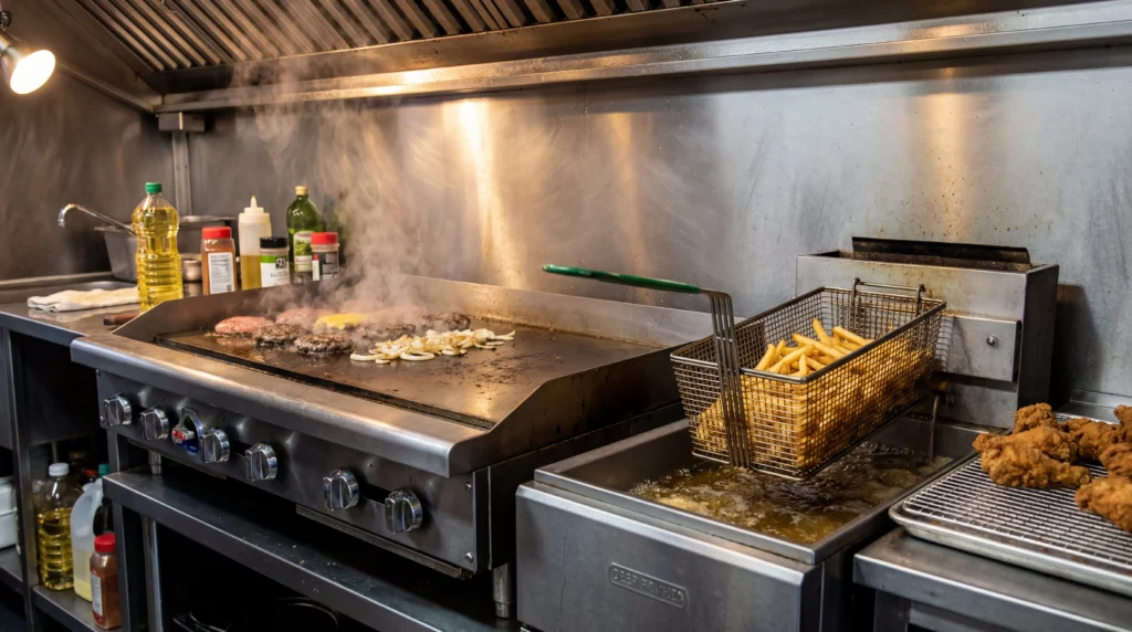 Commercial food truck cooking equipment with 36-inch gas griddle and deep fryer in stainless steel