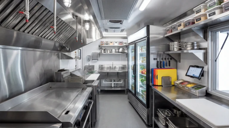 Food truck equipment checklist showing complete commercial mobile kitchen setup with griddle refrigerator and prep station