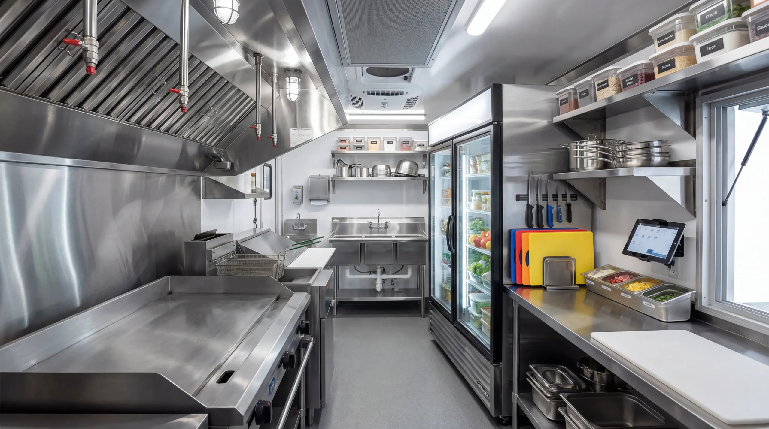Food truck equipment checklist showing complete commercial mobile kitchen setup with griddle refrigerator and prep station