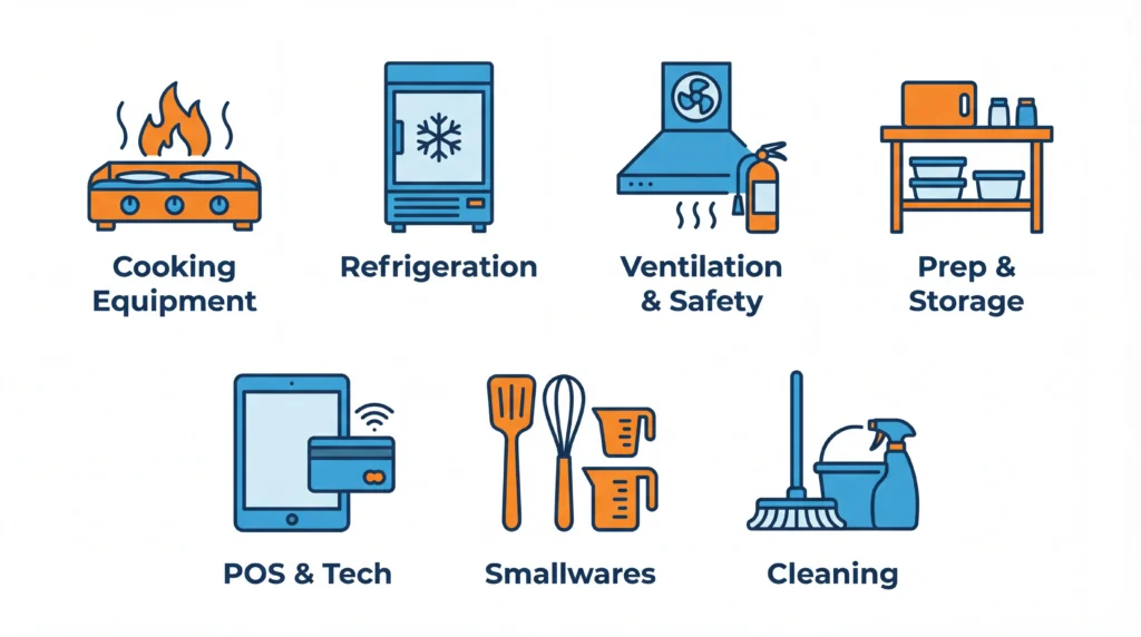 Food truck equipment checklist infographic showing 7 essential categories cooking refrigeration ventilation prep POS smallwares cleaning