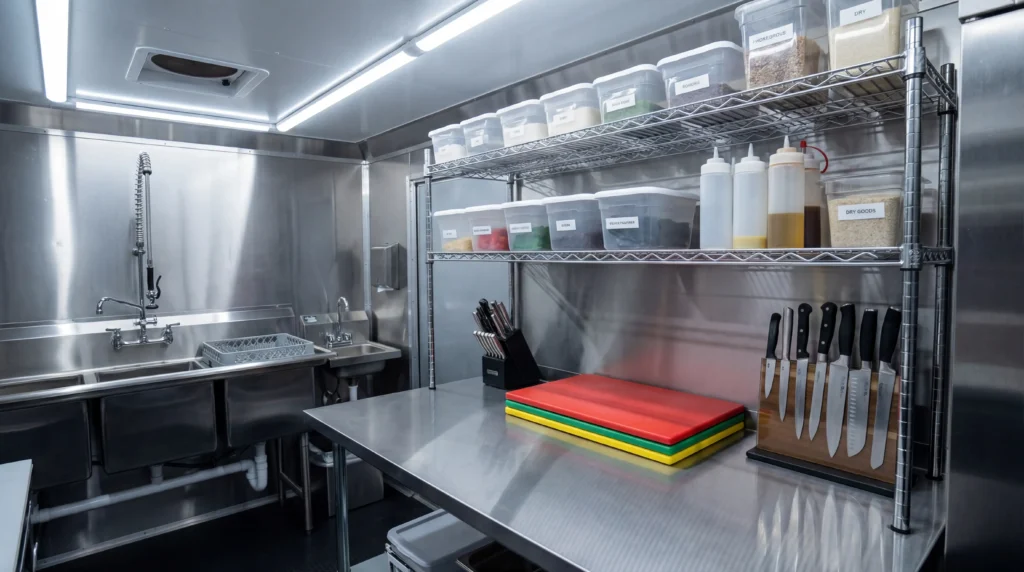 Food truck prep station with stainless steel table color-coded cutting boards and three-compartment sink
