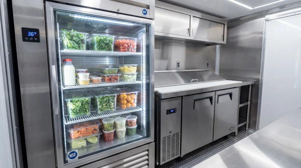 Food truck refrigeration equipment with reach-in refrigerator and under-counter cold storage unit