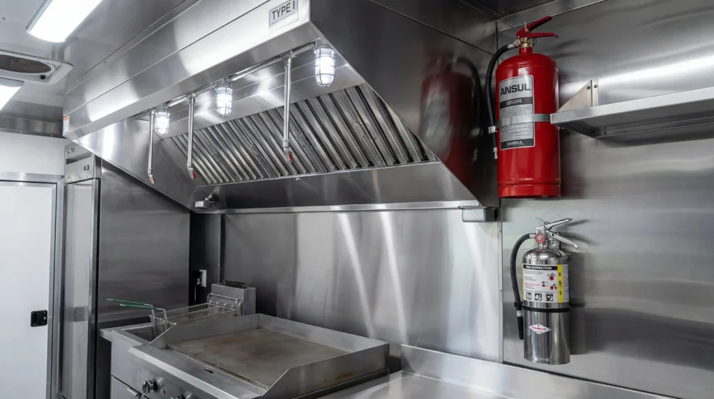 Food truck ventilation hood system with ANSUL fire suppression and Class K extinguisher for safety compliance