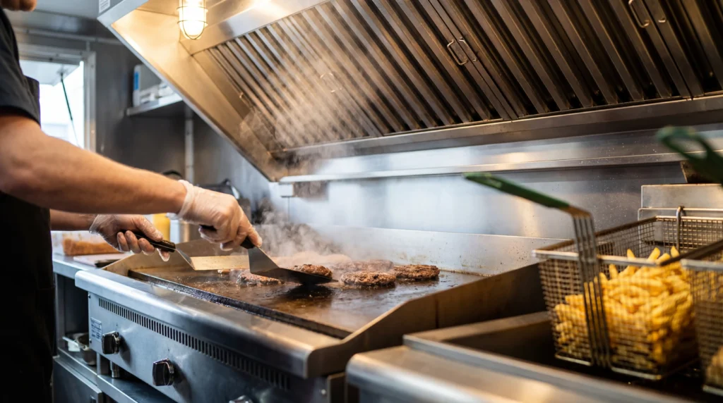 Commercial food truck cooking station with 36-inch griddle and deep fryer under exhaust hood