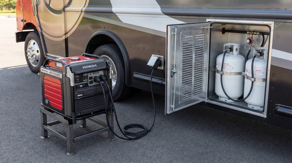 Food truck generator setup with inverter generator and propane tanks positioned safely outside vehicle