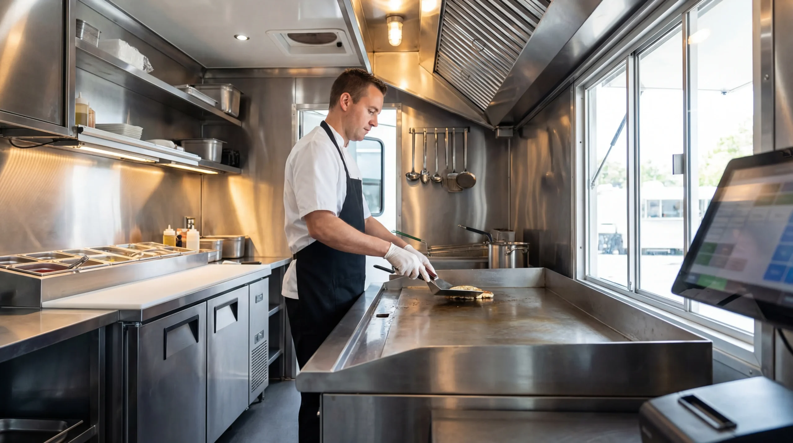 Food truck interior with commercial griddle, exhaust hood, and refrigeration equipment in organized mobile kitchen