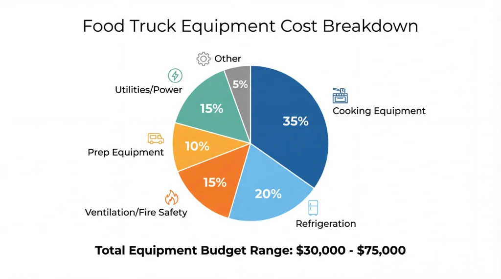 Food truck equipment cost breakdown infographic showing budget allocation for cooking, refrigeration, ventilation, and utilities