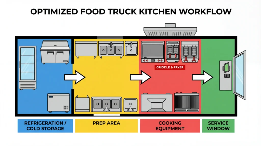 Food truck kitchen layout diagram showing workflow from cold storage to prep to cooking to service window