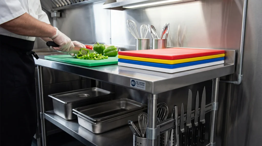 Food truck stainless steel prep table with NSF certified surface and color-coded cutting boards
