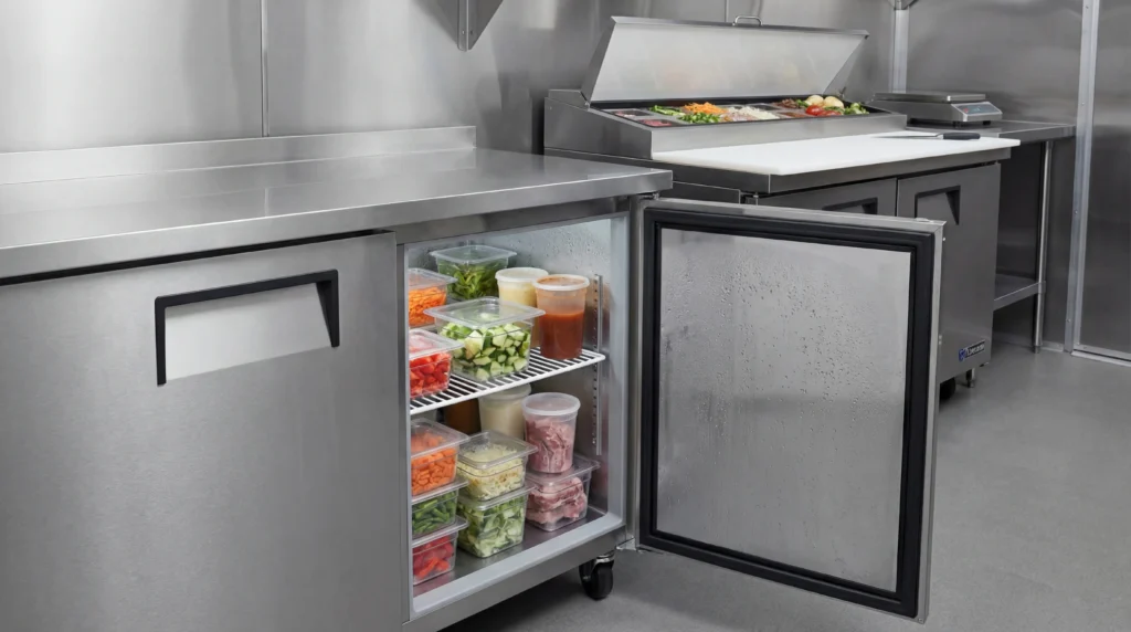 Food truck under-counter refrigerator and refrigerated prep table for commercial cold storage