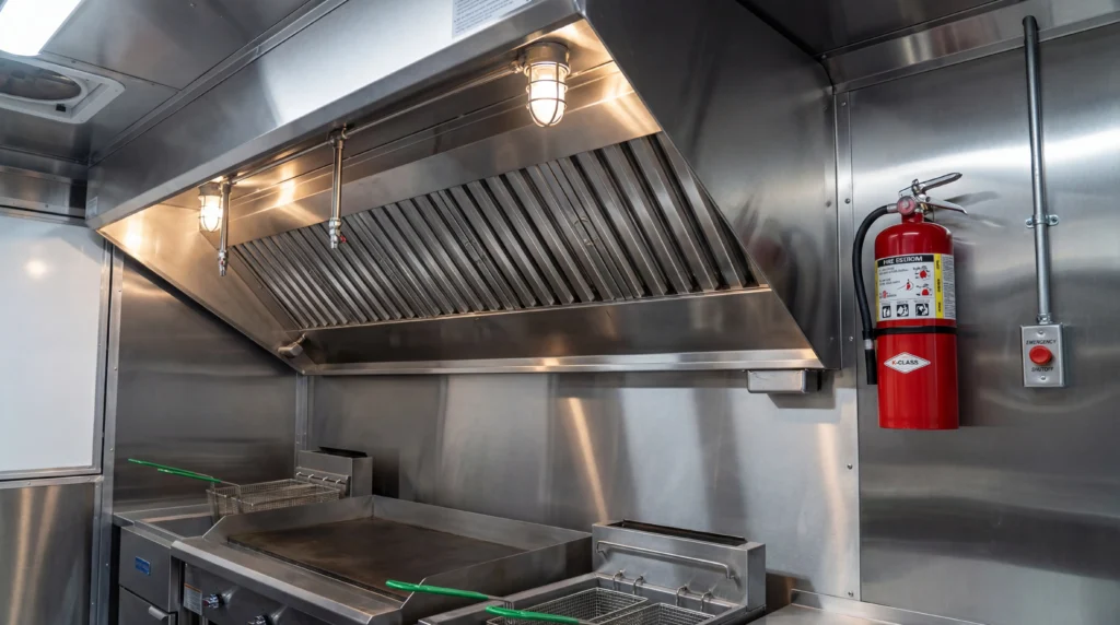 Food truck Type I exhaust hood with grease filters and Ansul fire suppression system nozzles