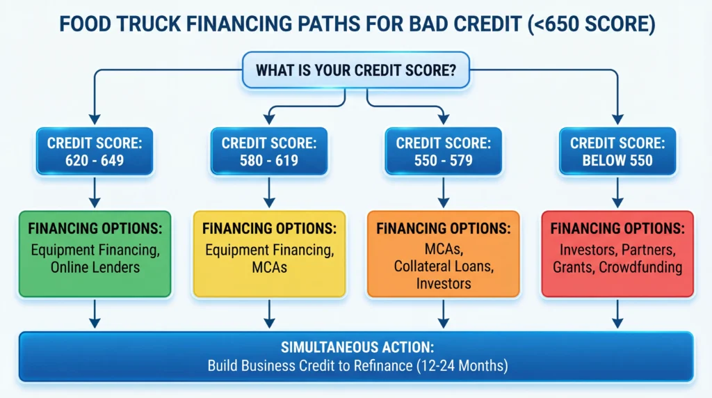Bad credit food truck financing flowchart showing loan options by credit score range from 500 to 650