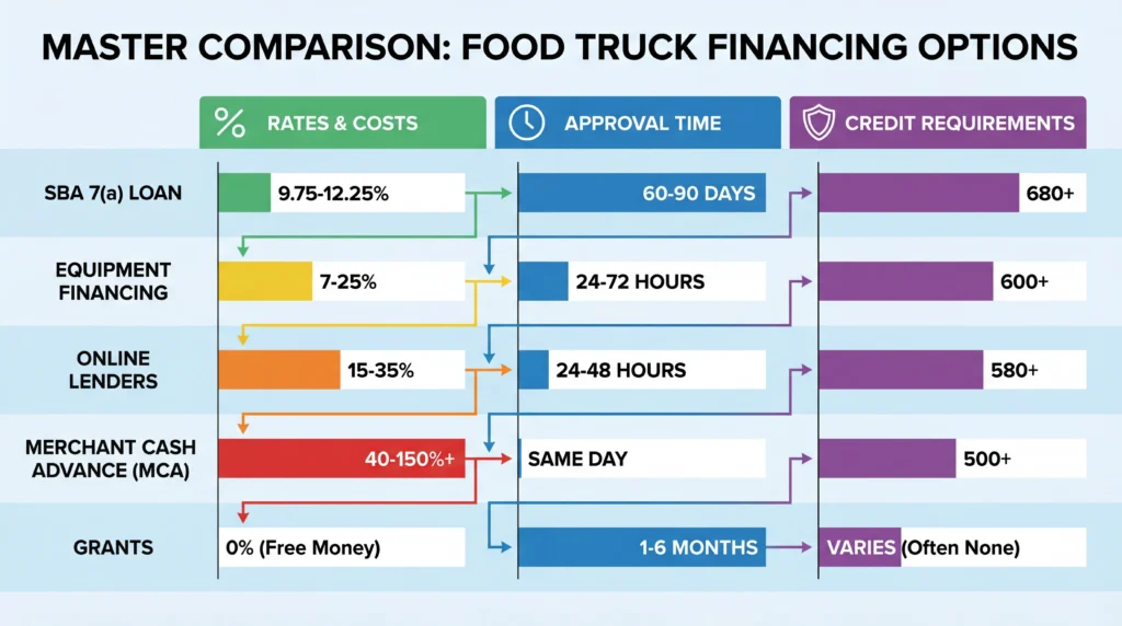 Food truck financing comparison chart showing all loan types including SBA, equipment, online, and MCA options