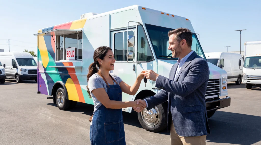 Food truck owner receiving keys to new truck after equipment financing approval at dealership