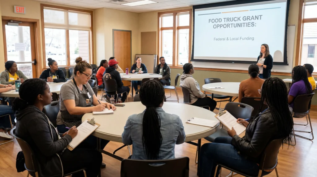 Food truck entrepreneurs attending grant funding workshop learning about federal and state programs
