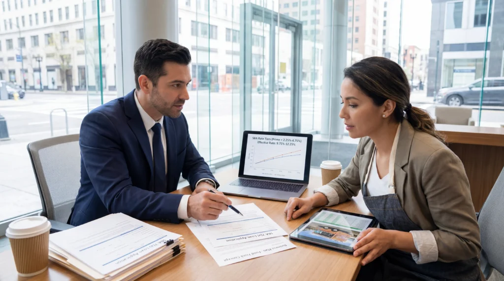 SBA loan officer helping food truck owner with loan application paperwork in bank office