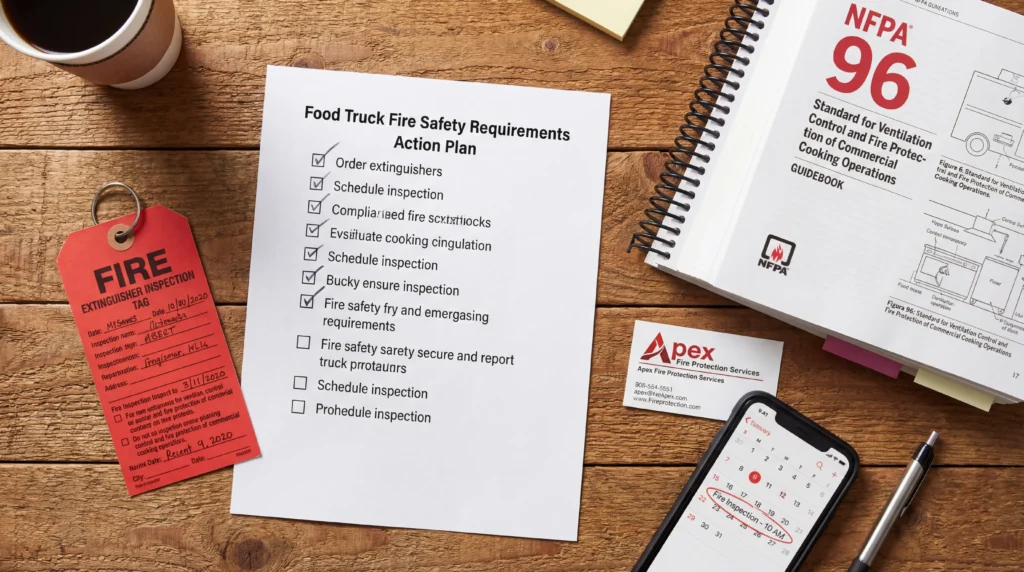 Food truck fire safety requirements compliance checklist with inspection documents and NFPA guidebook