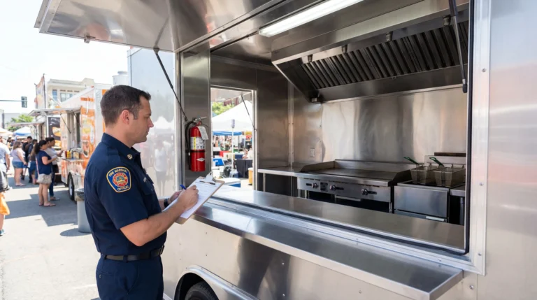 Fire marshal inspecting food truck fire safety requirements including fire extinguisher and suppression system