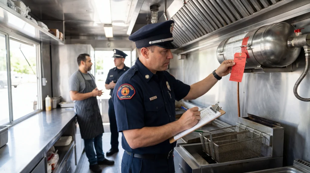 Fire inspector checking food truck fire safety requirements during official inspection with clipboard