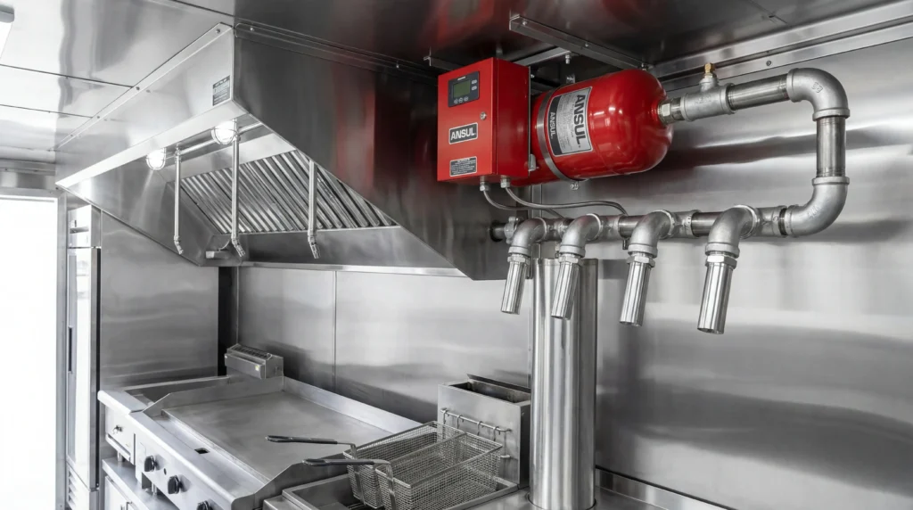 Food truck fire suppression system with chemical tank and nozzles installed above commercial cooking equipment