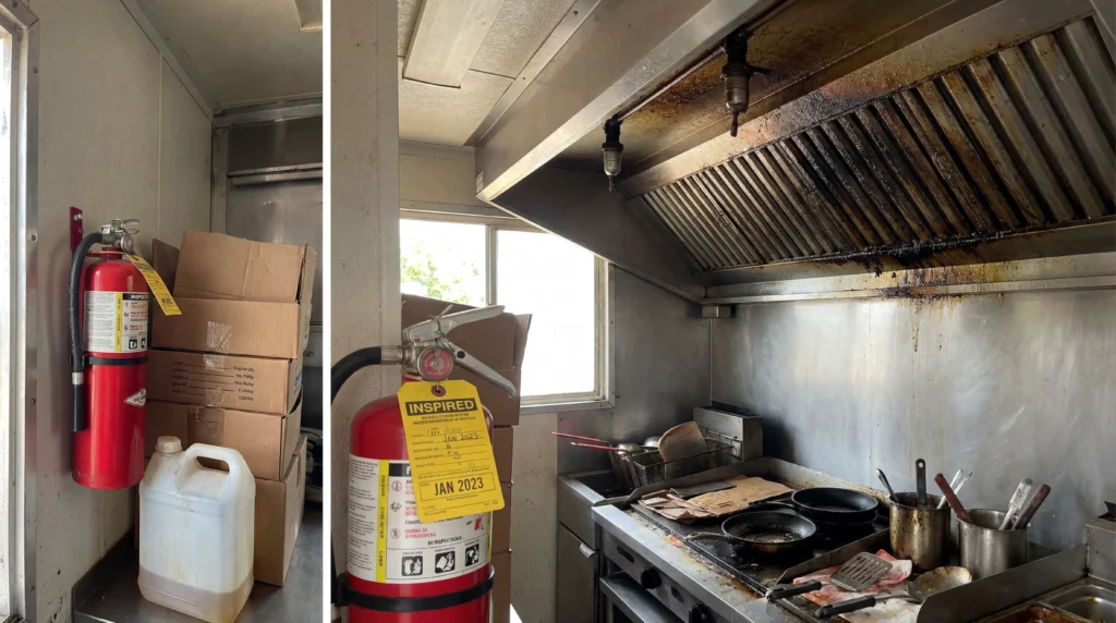 Common food truck fire safety violations including grease buildup blocked extinguisher and cluttered cooking area
